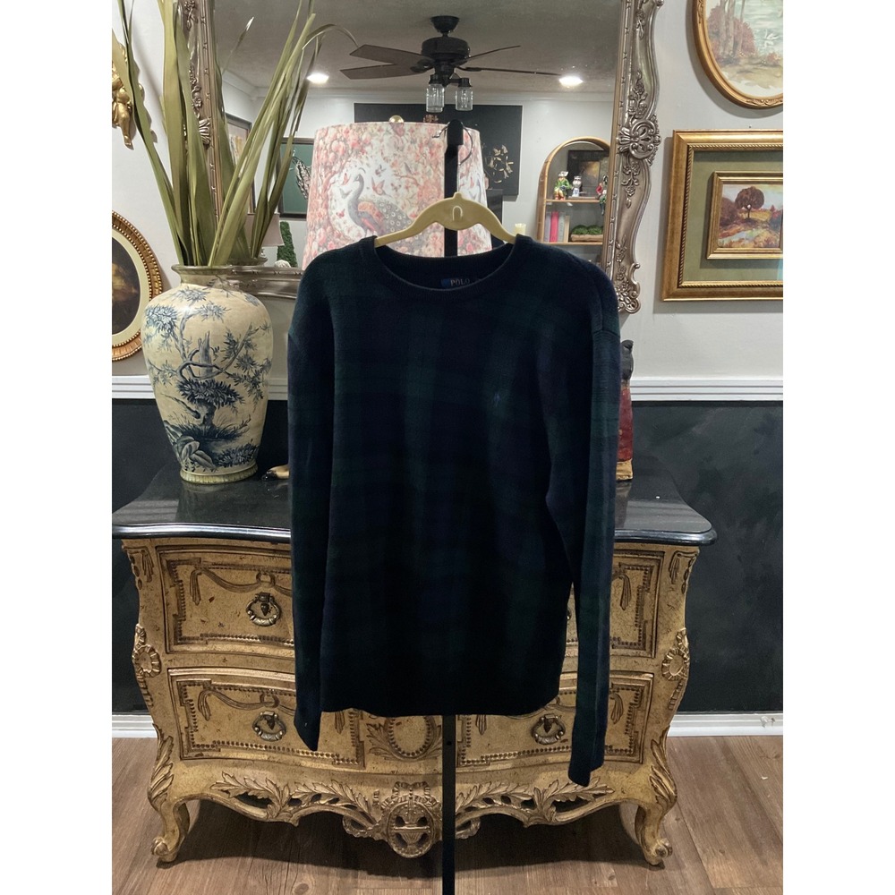 Polo Ralph Lauren Washable Merino Wool Black Watch Plaid Sweater Mens XL Green